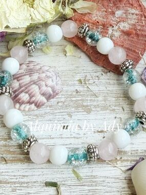 PASTELS + Pink quartz , baby blue glass summer bracelet